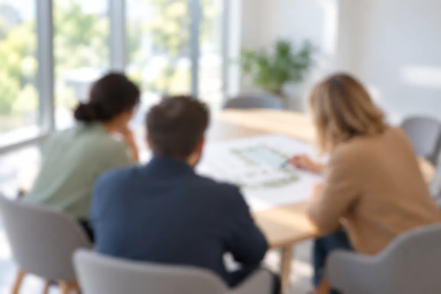 Three colleagues seated at a table reviewing a plan together